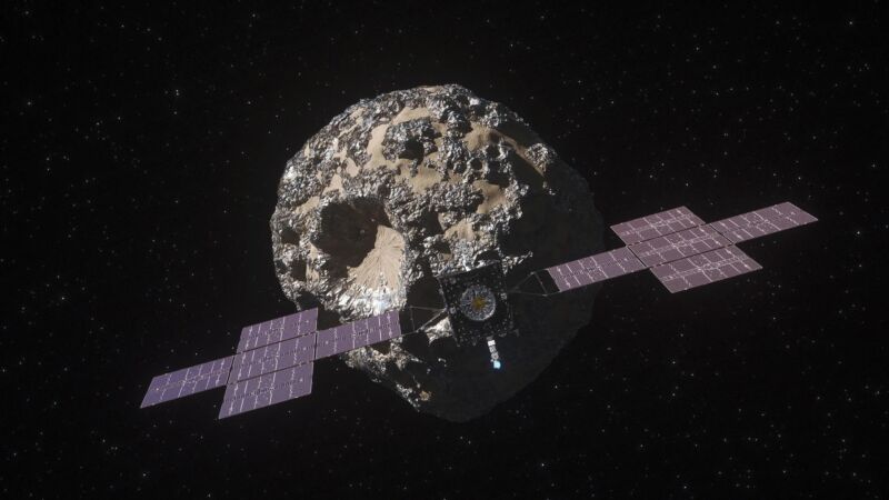     An illustration shows a NASA spacecraft approaching the metal-rich asteroid Psyche.  While there are no plans to mine Psyche, such asteroids are being eyed for their valuable resources